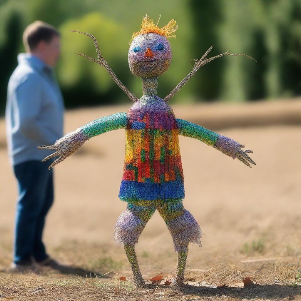 A living scarecrow with one of its arms made entirely of shimmering glass.