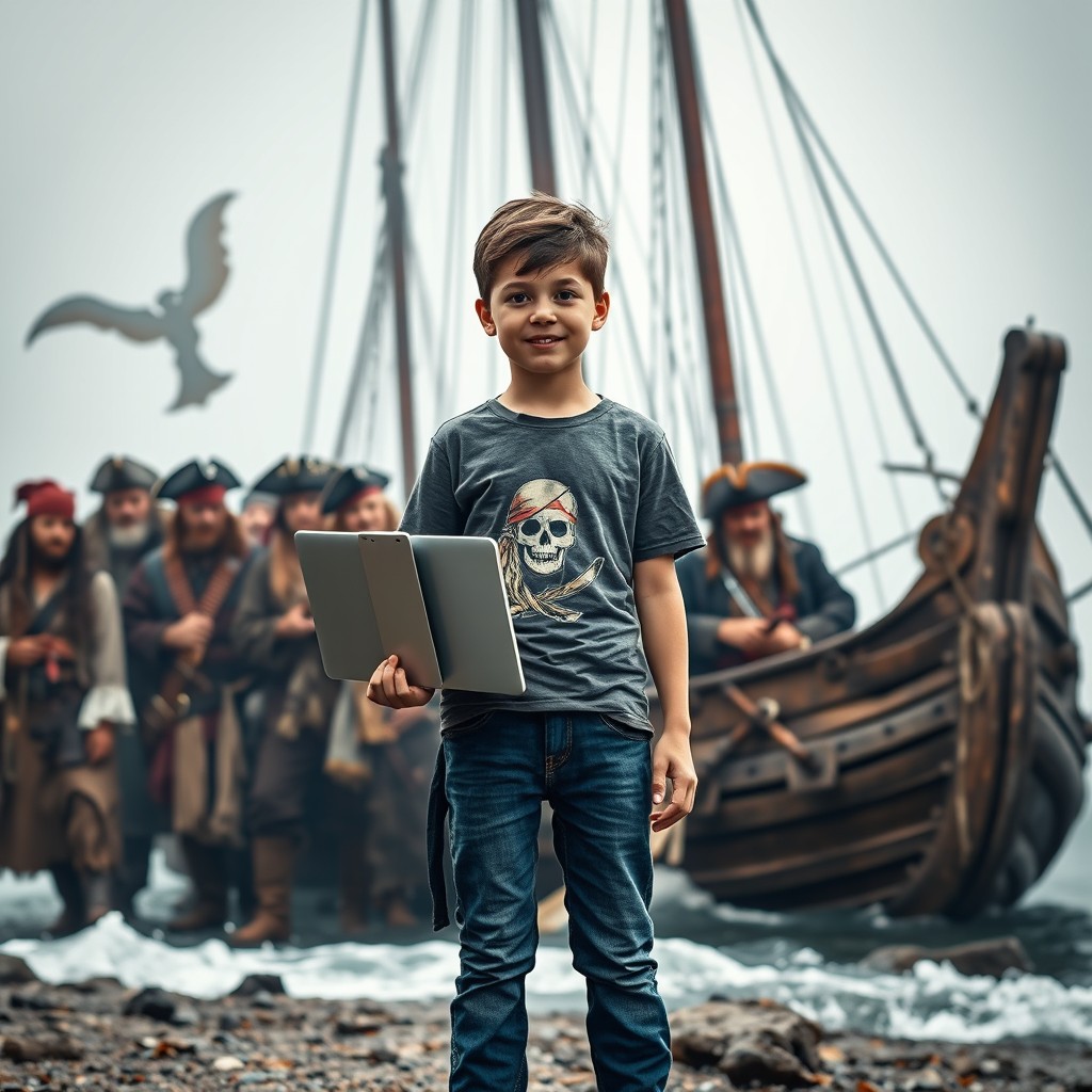 A modern 11-year-old boy, casually dressed in a graphic t-shirt and jeans, holding a sleek laptop in one hand, stands wide-eyed in the midst of a rugged 11th-century pirate scene
