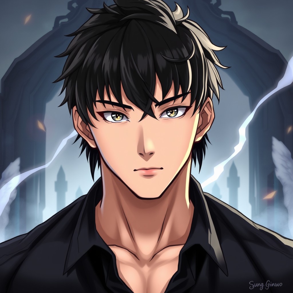 A striking illustration of a tall, handsome, and muscular young man named Sung Ginwo