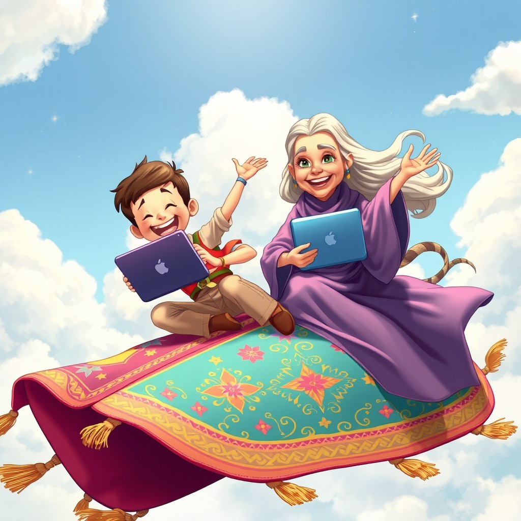 A whimsical scene featuring a 12-year-old boy with a laptop, joyfully flying on a vibrant magic carpet