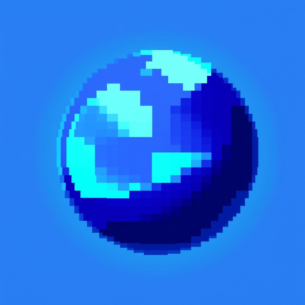 A bright blue pixel art sphere featuring a glow effect, designed within a 16x16 pixel canvas