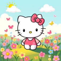 A cute and colorful illustration of Hello Kitty, the iconic character, with her signature bow and friendly face