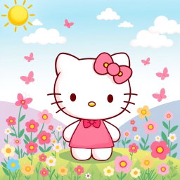 A cute and colorful illustration of Hello Kitty, the iconic character, with her signature bow and friendly face