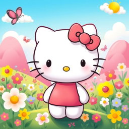 A cute and colorful illustration of Hello Kitty, the iconic character, with her signature bow and friendly face