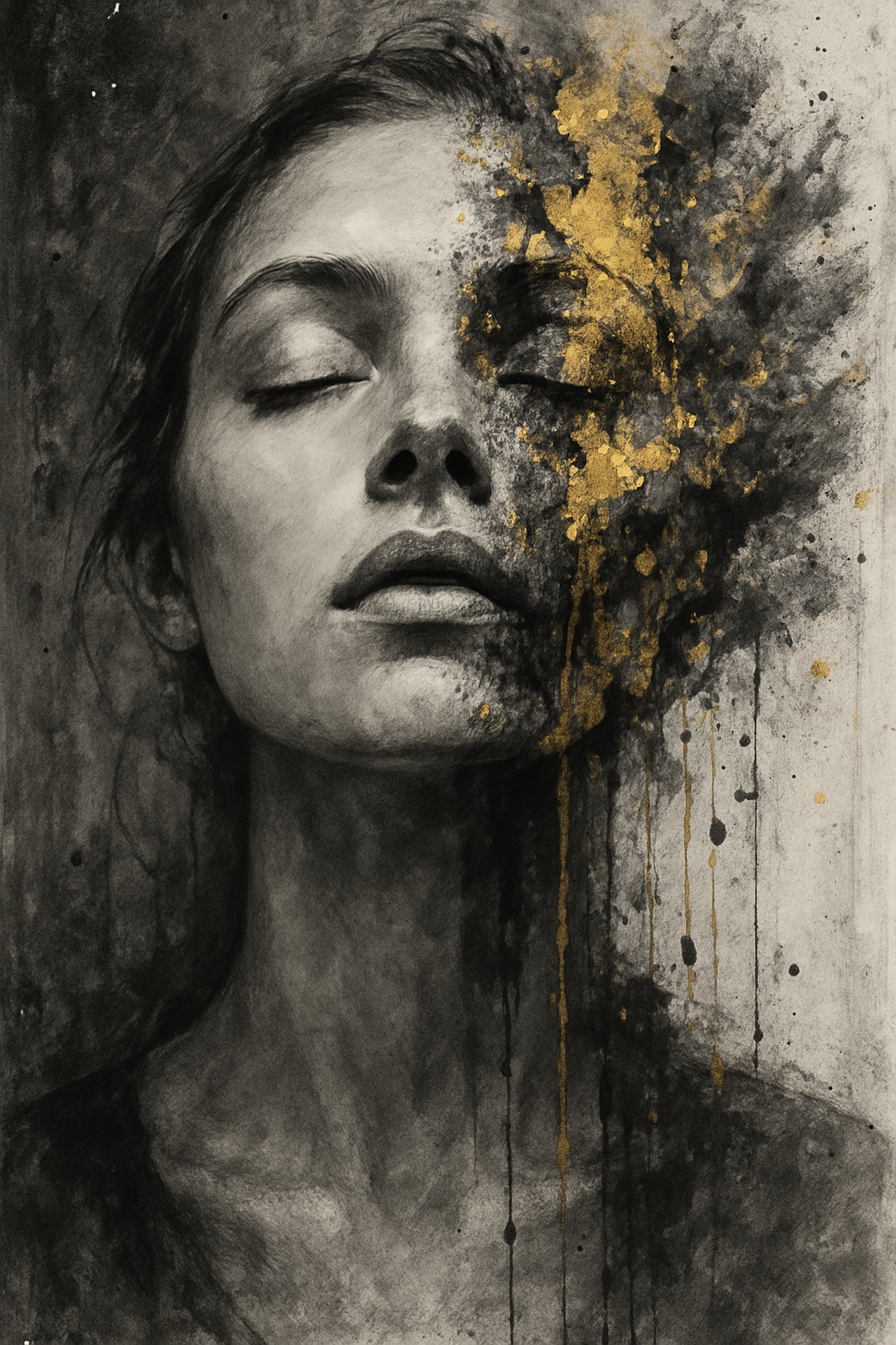 A monochrome image of a woman with closed eyes, looking upwards