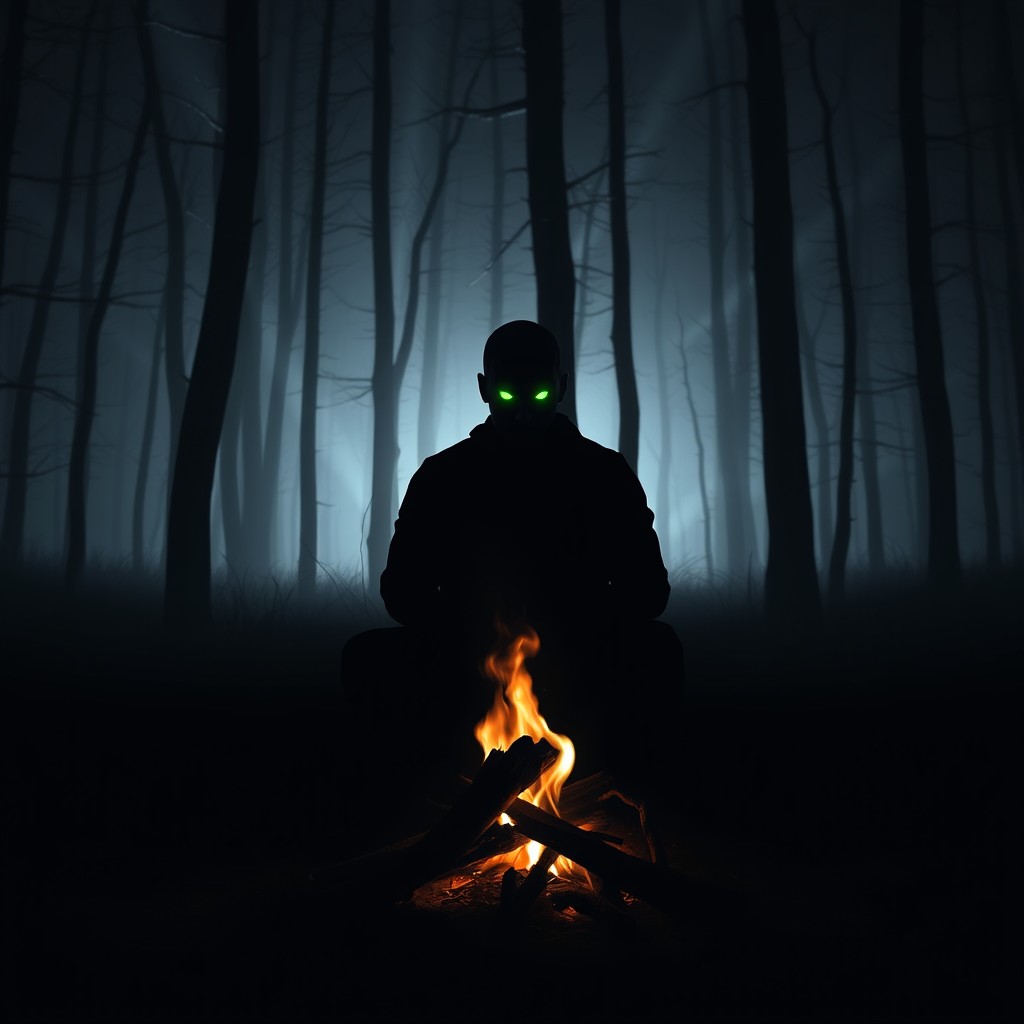 An eerie, hyperrealistic scene in a dark forest at night