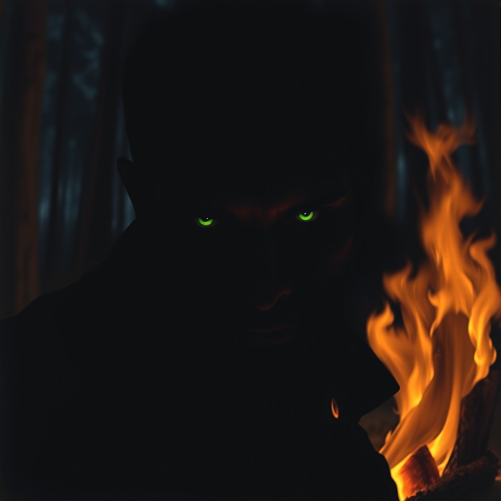 An intense close-up portrait of a sinister silhouette by a campfire