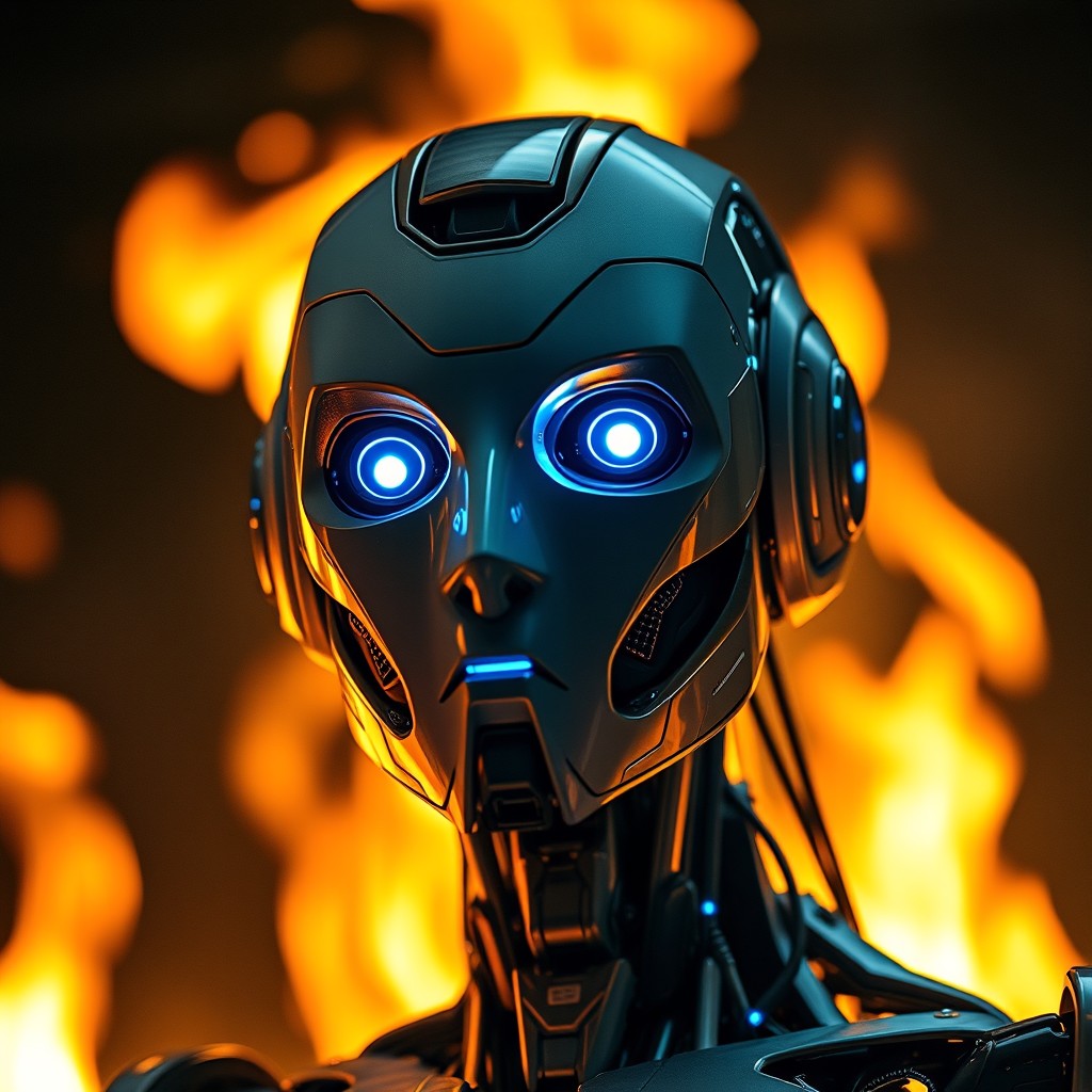 A futuristic AI robot with bright blue glowing eyes in the foreground, exhibiting intricate metallic detailing and a sleek design
