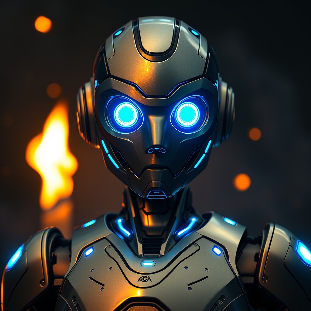 A futuristic AI robot with bright blue glowing eyes, designed with sleek metallic contours and intricate patterns