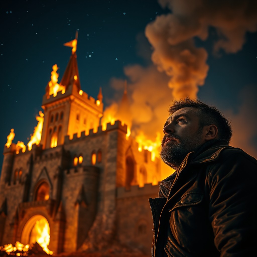 A man gazes intently at a burning castle, the flames flickering against the night sky