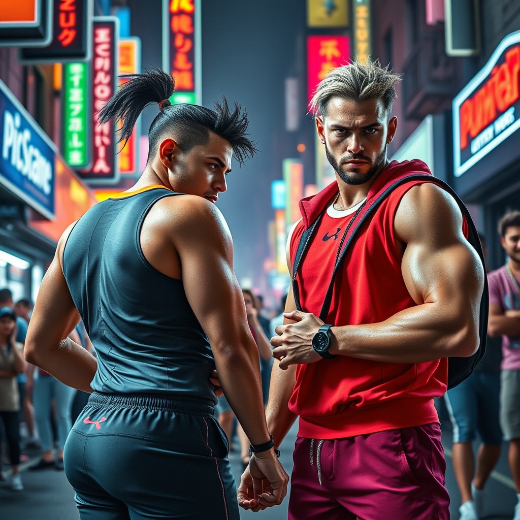 A dramatic scene showcasing rivalry, featuring two fierce competitors in a vibrant urban setting