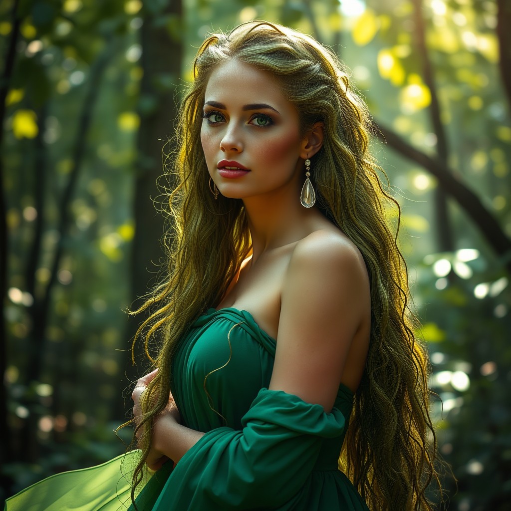 A beautiful woman with long, flowing hair made of lush green vines, adorned with stunning silver teardrop earrings