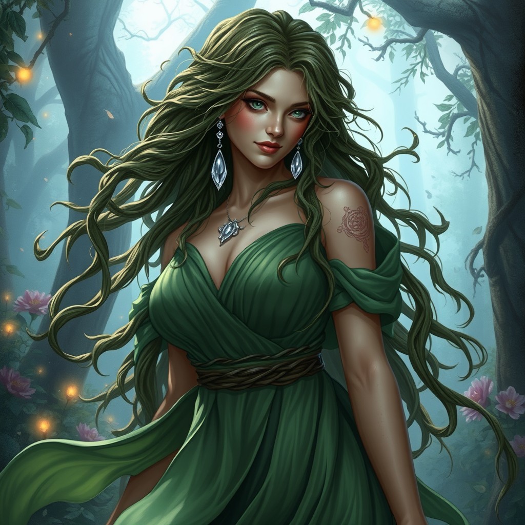 A fantasy DnD character, depicted as a captivating woman with long, flowing hair made of intertwining vines, adorned with elegant silver teardrop earrings
