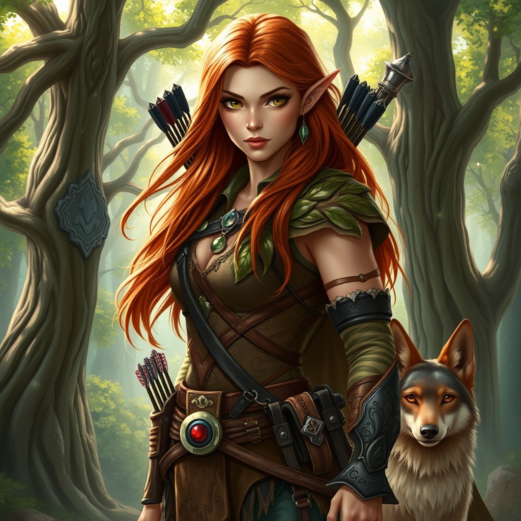 A fantasy Dungeons & Dragons character portrait, showcasing a fierce female half-elf ranger with long flowing auburn hair and piercing green eyes