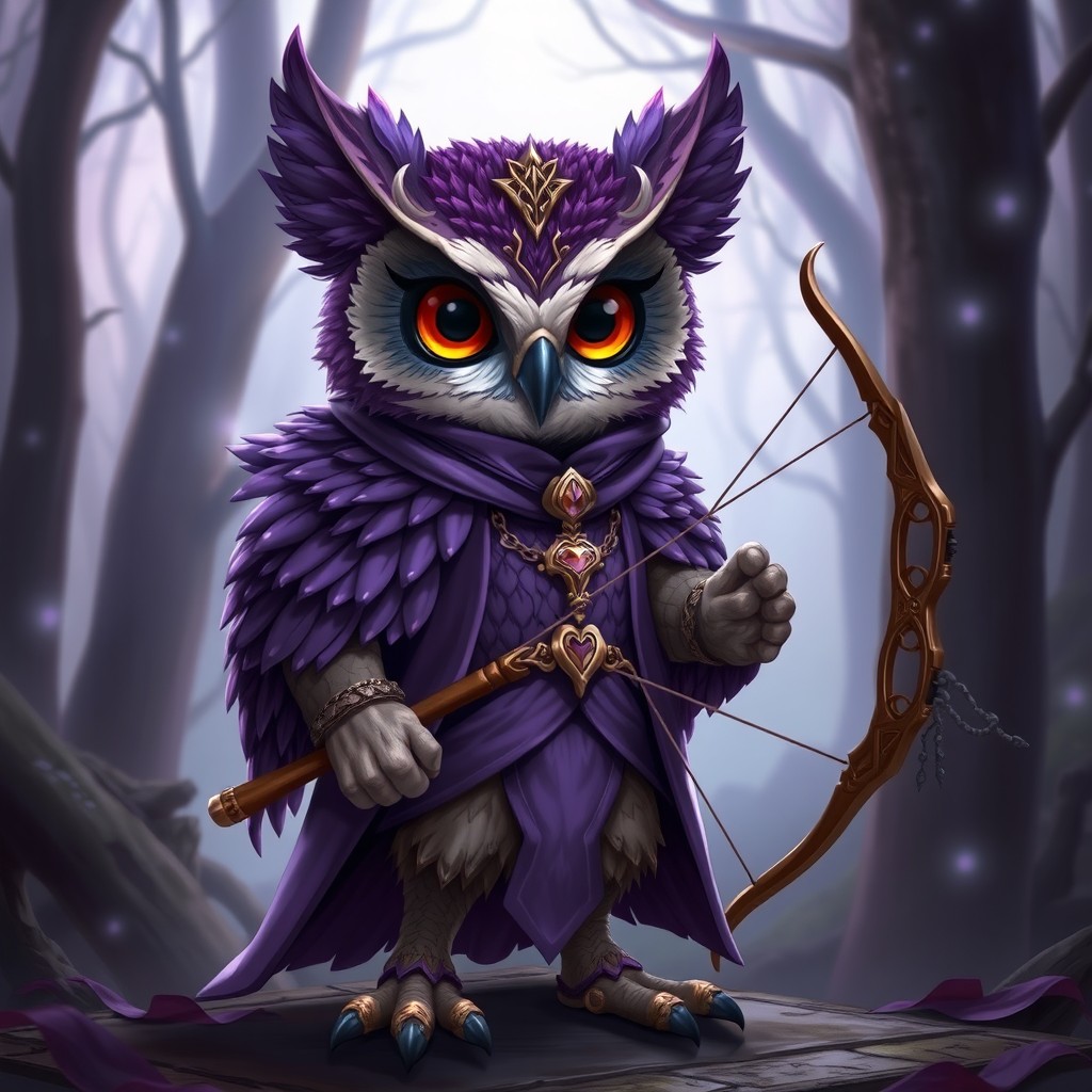 A regal Owlkin character dressed in elegant purple clothing, standing confidently while holding a beautifully crafted bow