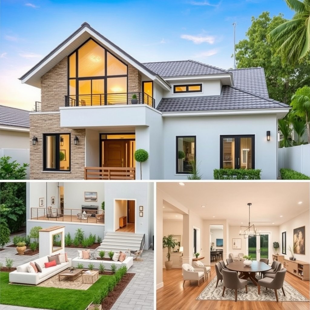 A beautifully designed house featuring a modern architectural style, comprising 1 main bedroom plus 4 additional bedrooms, a spacious living room, a cozy visitor room, a stylish dining room, a functional kitchen, and a welcoming family room