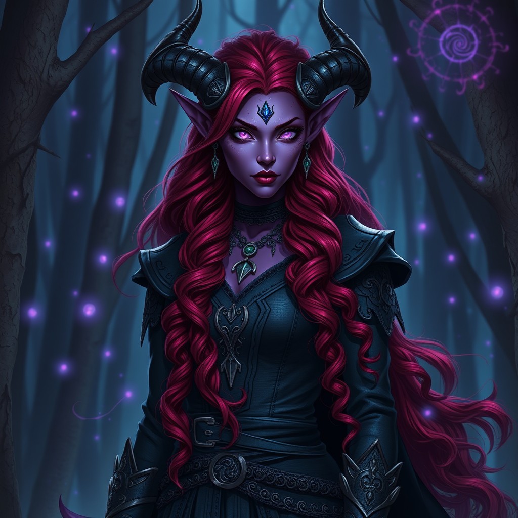 A powerful female tiefling warlock in her 30s, showcasing dusky purple skin that reflects her mystique