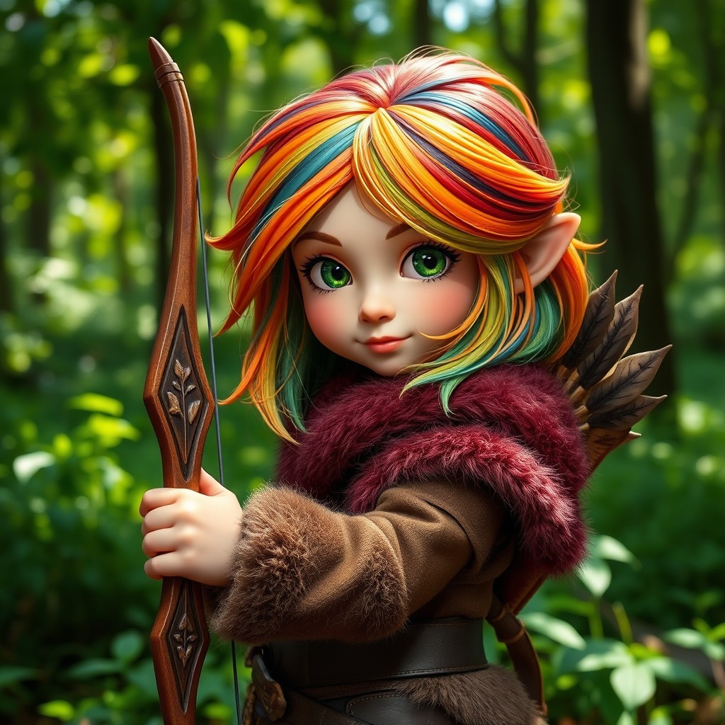 A young female gnome ranger with medium-length rainbow-colored hair that flows playfully, reflecting the vibrant colors of the forest
