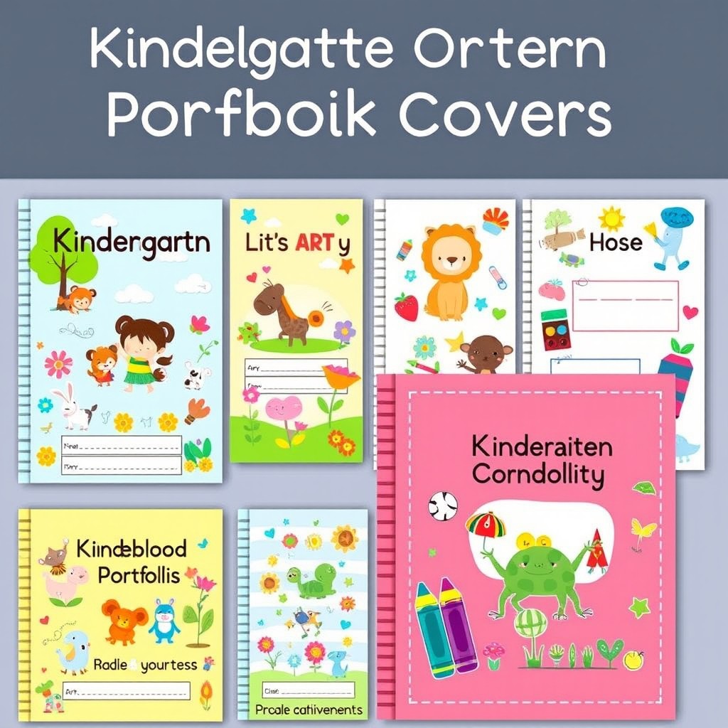 A collection of colorful and engaging kindergarten portfolio covers for young children, featuring playful illustrations of animals, nature, and educational themes