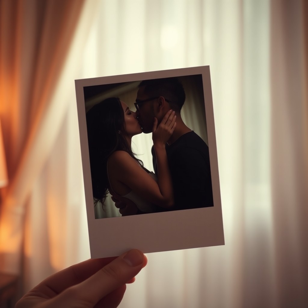 A Polaroid-style photo taken in a dimly lit room, featuring a romantic moment between a man and a woman passionately kissing