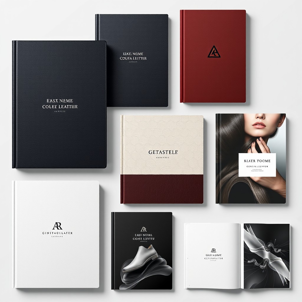A variety of elegant and sophisticated portfolio covers designed for professional use, featuring minimalist and modern designs