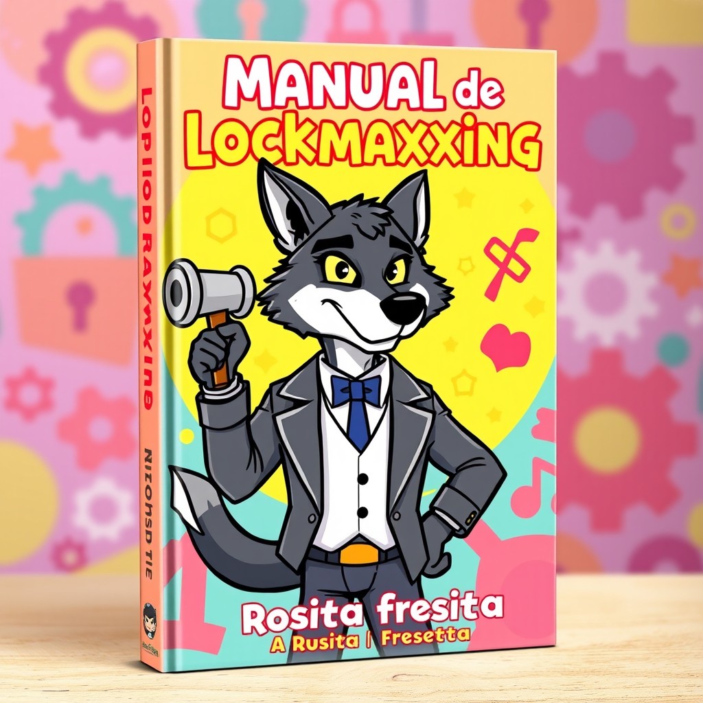 A vibrant cartoon-style book cover titled 'Manual de Lockmaxxing', featuring a stylish animated wolf character dressed in an elegant suit, holding a hammer in one hand