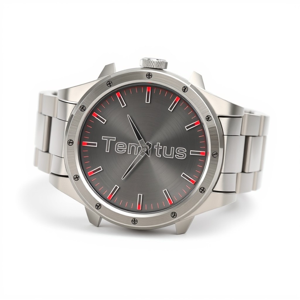 A high-quality product photo of a futuristic wristwatch inspired by the DeLorean DMC-12, featuring a stainless steel body with sharp retro-futuristic lines and a brushed metal texture
