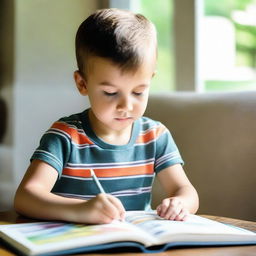 A young boy engrossed in reading a colorful book in a calming, naturally lit setting