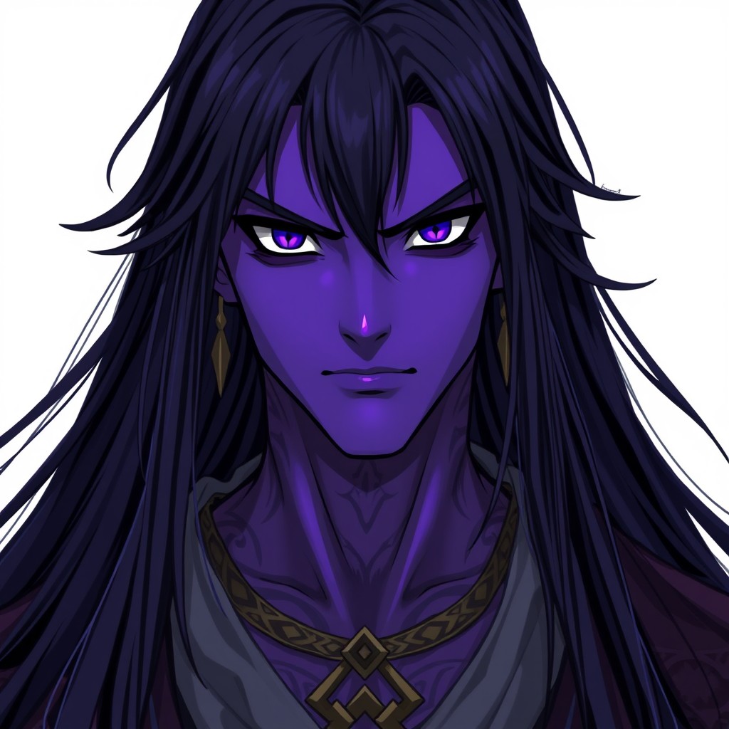 A D&D character concept featuring a male character with long, straight, dark hair, striking purple skin, and unique square-shaped eyes with a solid black background and white irises