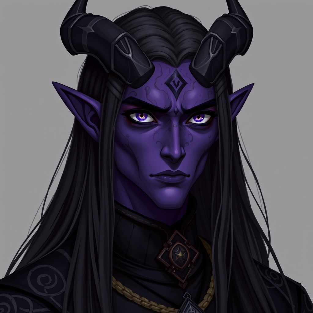A D&D Tiefling character concept featuring a male figure with long, straight, dark hair and striking purple skin