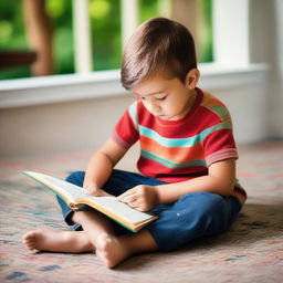 A young boy engrossed in reading a colorful book in a calming, naturally lit setting