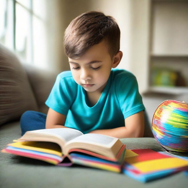 A young boy engrossed in reading a colorful book in a calming, naturally lit setting