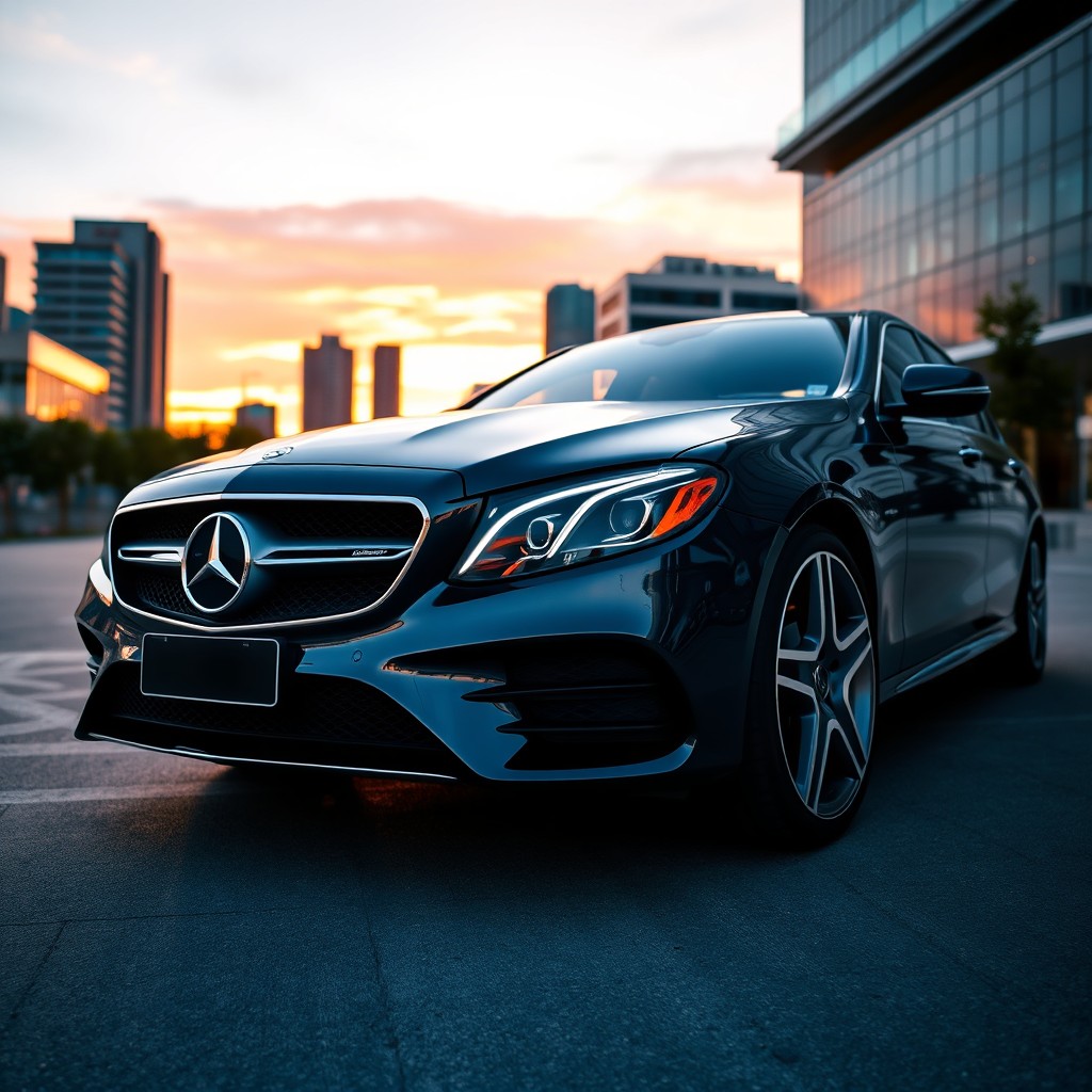 A sleek and luxurious Mercedes-Benz car parked in an urban setting during sunset, with reflections on the polished surface