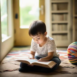 A young boy engrossed in reading a colorful book in a calming, naturally lit setting