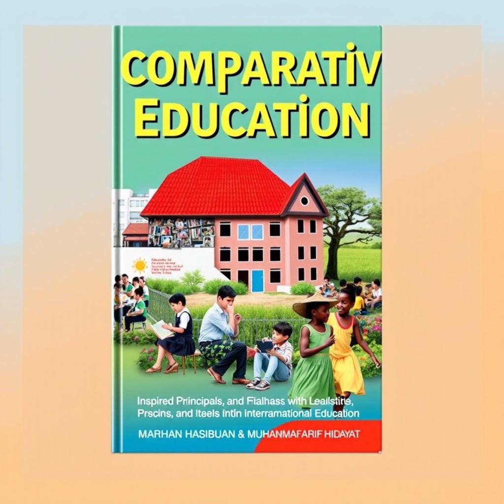 A vibrant and engaging book cover for 'Comparative Education' by Marhan Hasibuan & Muhammaf Arif Hidayat