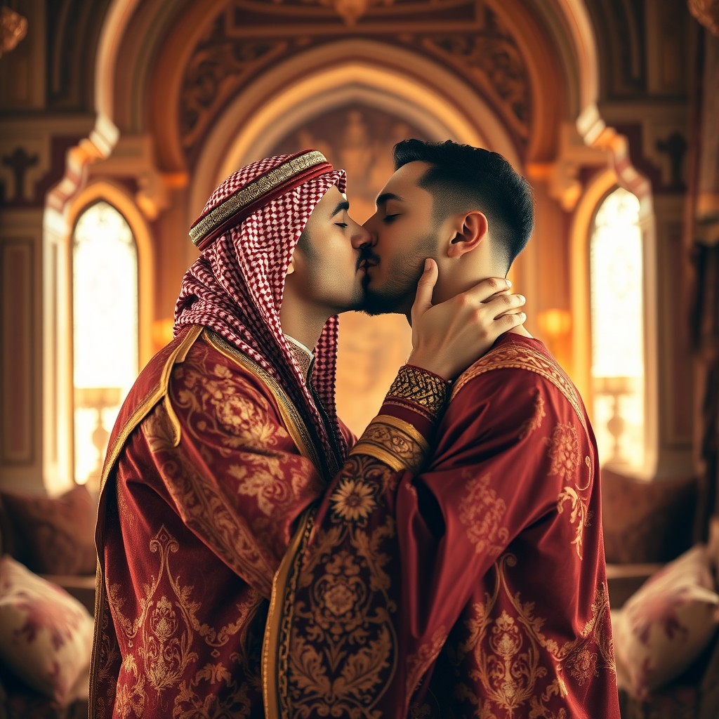 A captivating scene of an attractive handsome Arab caliph gently kissing another man on the lips