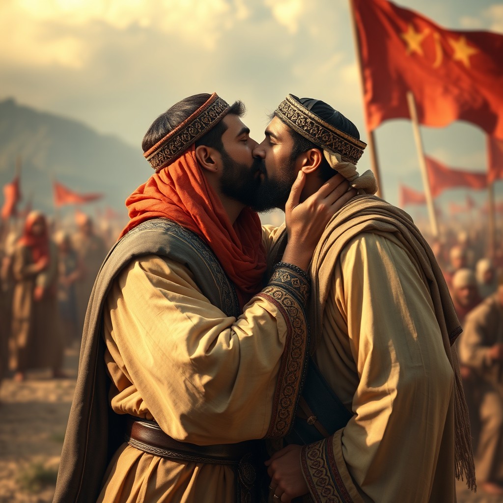 A dramatic and historical scene depicting Husain ibn Ali in his 50s, dressed in traditional, elaborate attire representing his status as a leader
