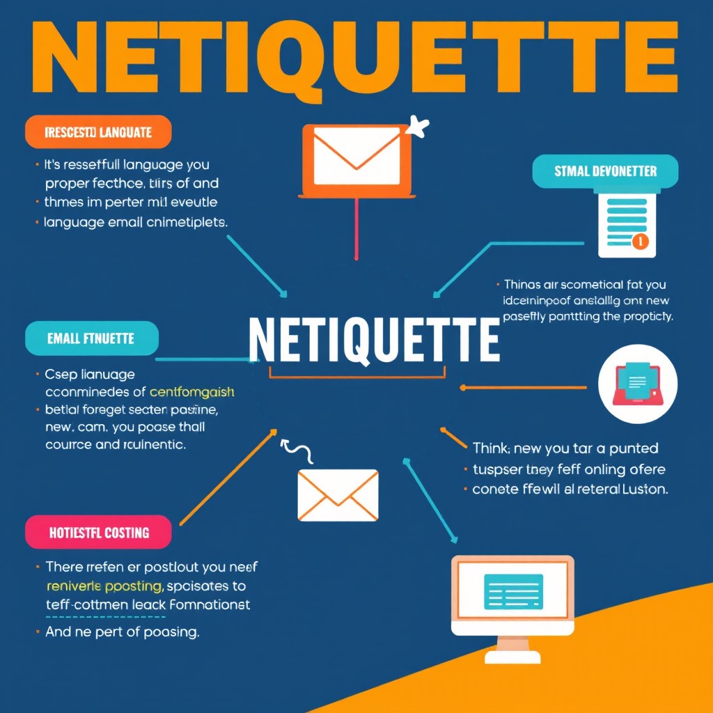 A visually engaging infographic on netiquette, illustrating the key principles of online communication etiquette