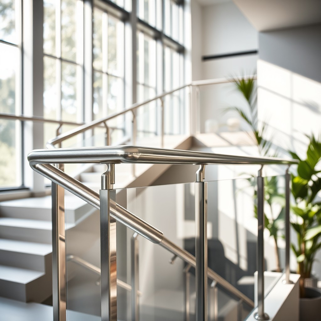 A modern, sleek environment featuring stainless steel railings that shine under natural light