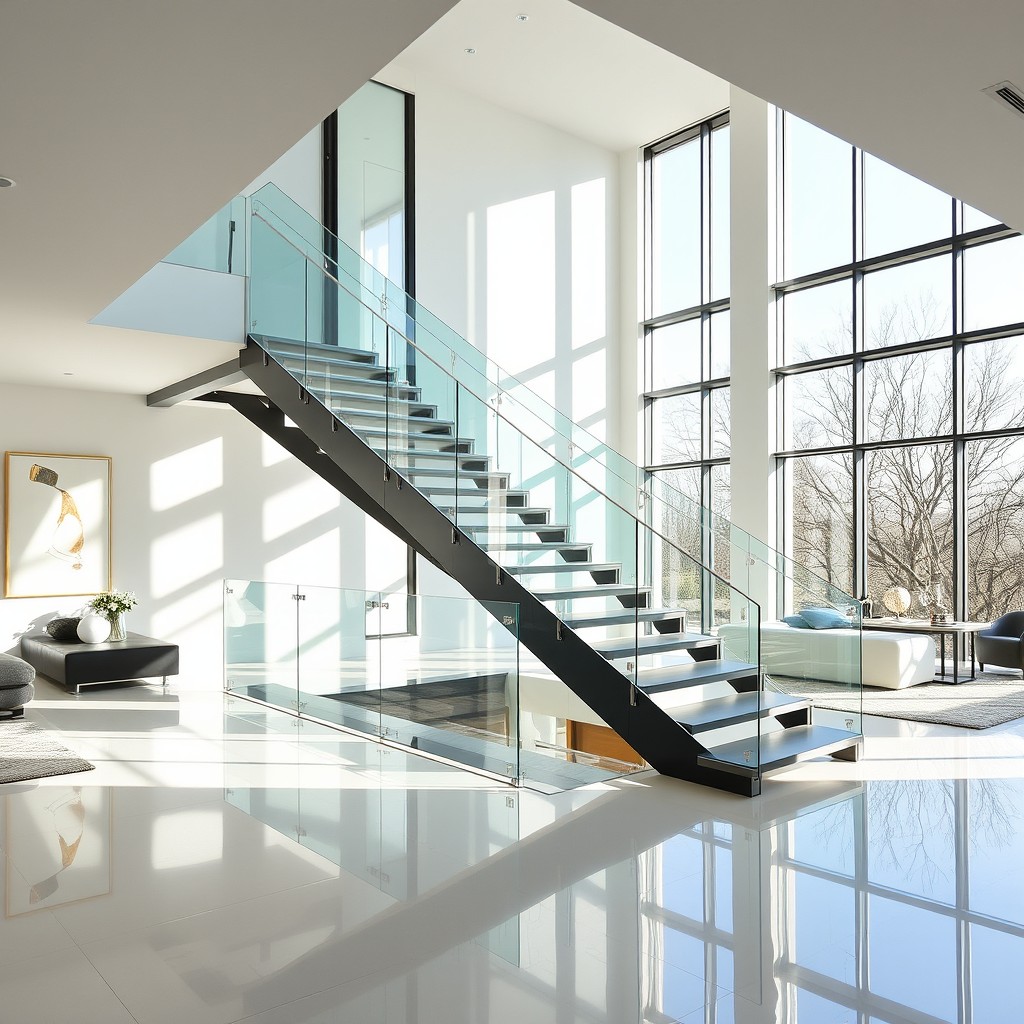 A stunning, elegant interior featuring a glass balustrade that beautifully enhances a modern staircase