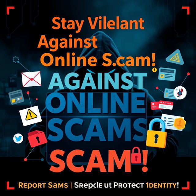 A detailed and visually striking poster design focused on the theme of online frauds and scams