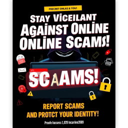 A detailed and visually striking poster design focused on the theme of online frauds and scams