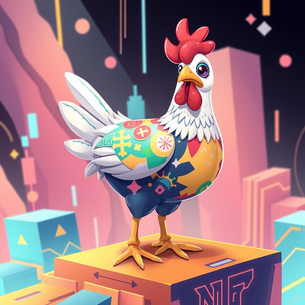 A vibrant and colorful digital illustration of a chicken character designed as an NFT