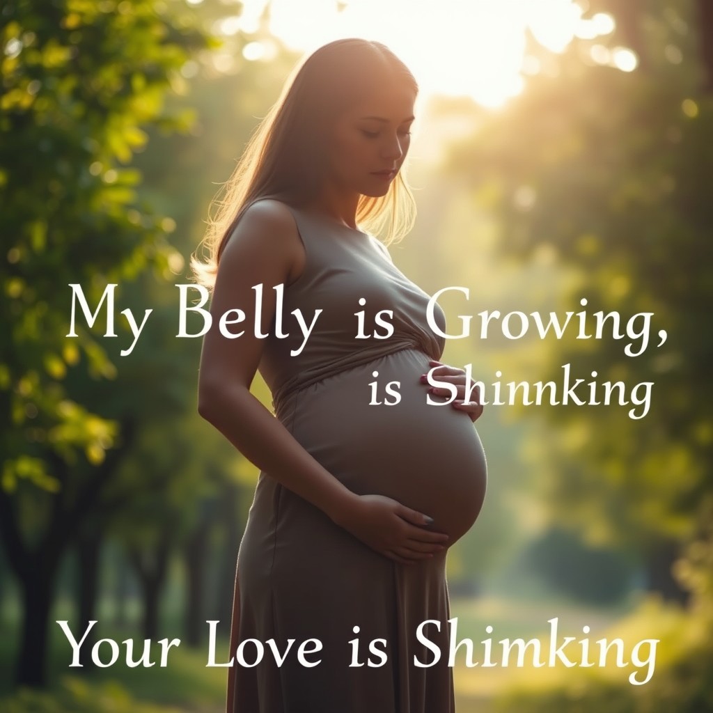 A pregnant woman, looking pensive and emotional, standing in a serene environment that symbolizes contemplation
