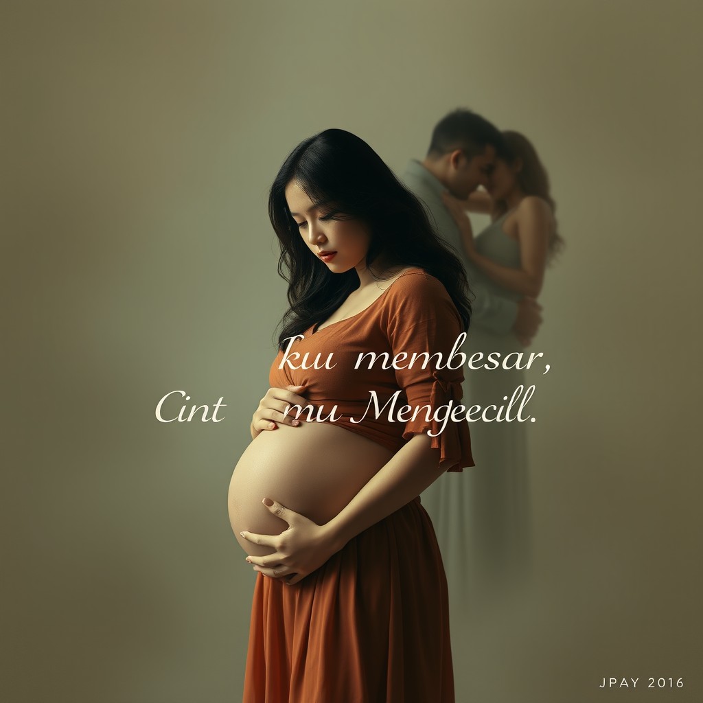 A pregnant woman standing with a melancholic expression, cradling her belly, while in the background, her husband is embracing another woman in a tender yet intimate pose