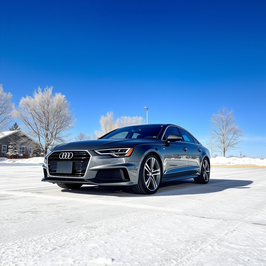 A sleek Audi A6 parked in a sunny daytime parking lot during winter, surrounded by light snow covering the ground