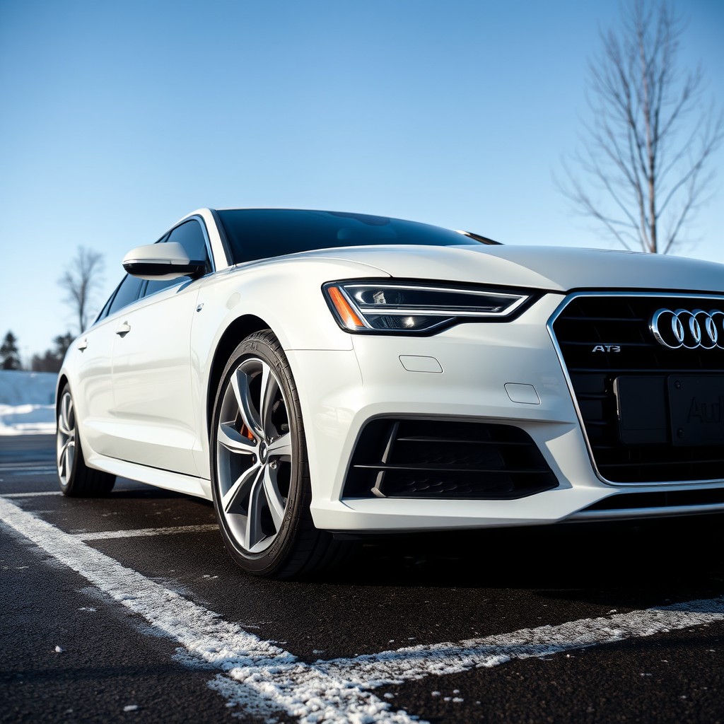 A white Audi A6 parked on an asphalt parking lot in winter during the daytime