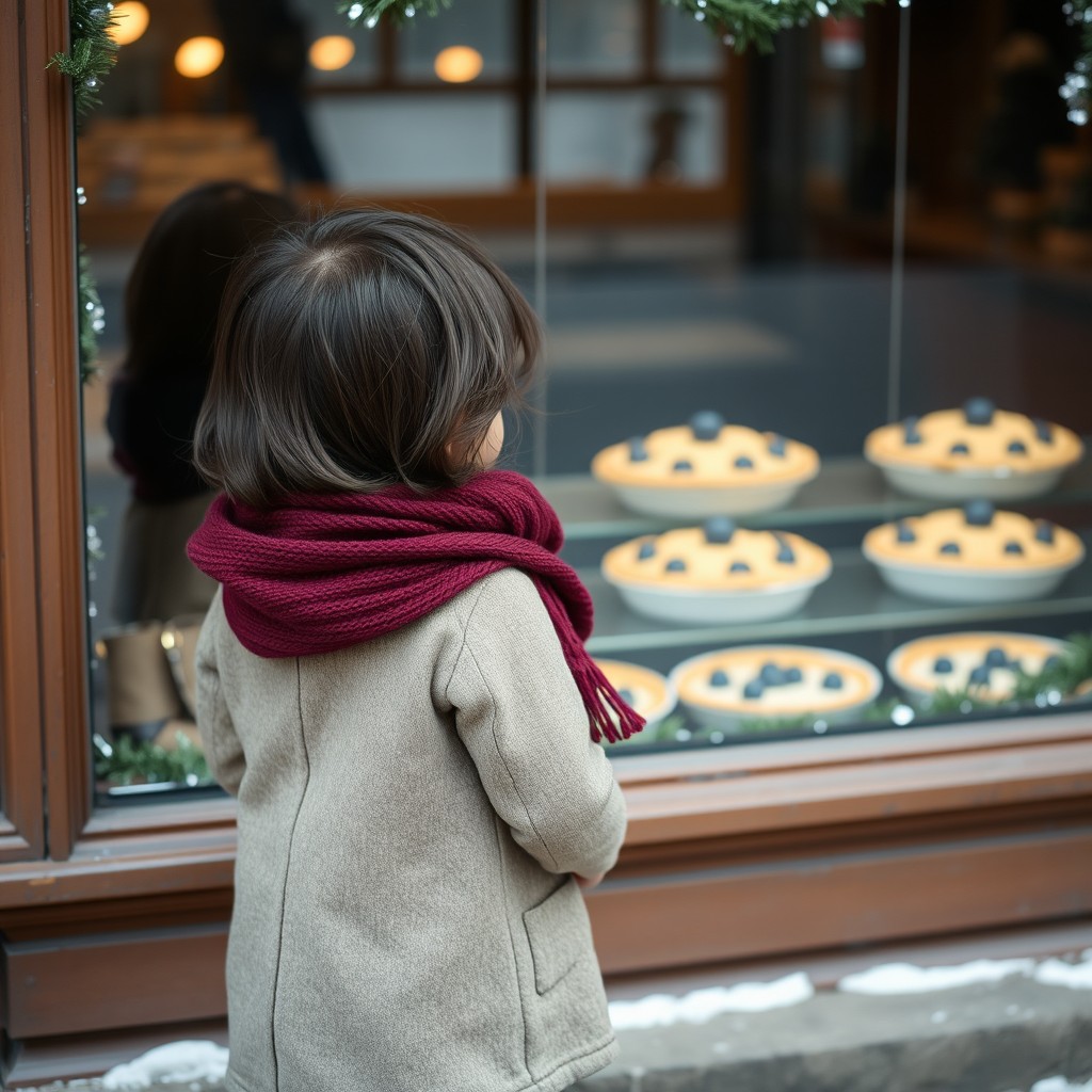 A small girl with her face turned away, gazing at a bakery window displaying tantalizing blueberry pies