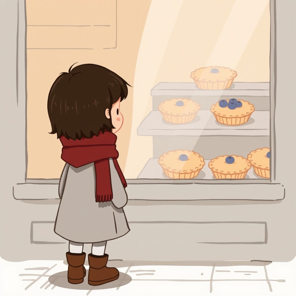 A small girl with her face turned away, looking curiously at a bakery window filled with delicious blueberry pies