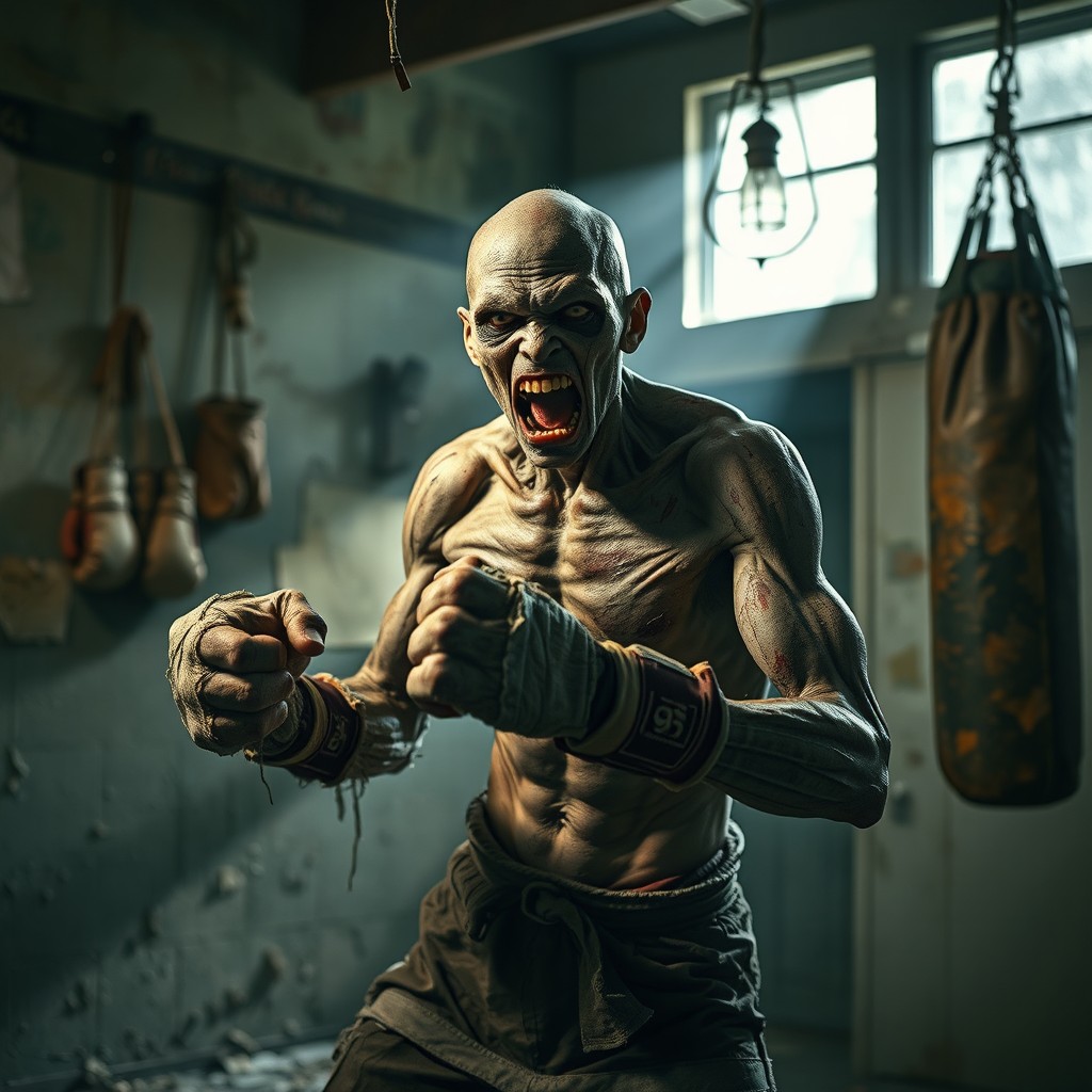 A fierce zombie boxer in an abandoned gym, featuring tattered boxing gear and decaying flesh